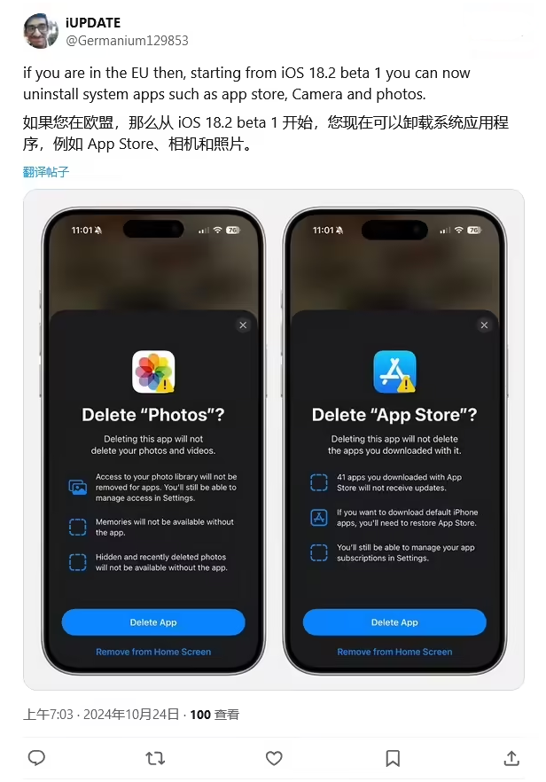 下冶镇苹果手机维修分享iOS 18.2 支持删除 App Store 应用商店 