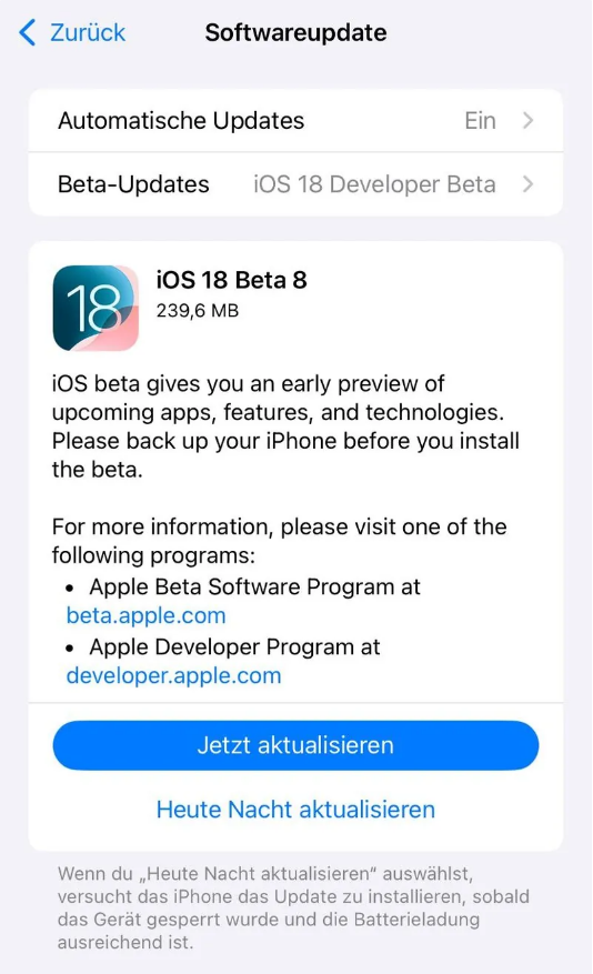 下冶镇苹果手机维修分享苹果 iOS / iPadOS 18 开发者预览版 Beta 8 发布 